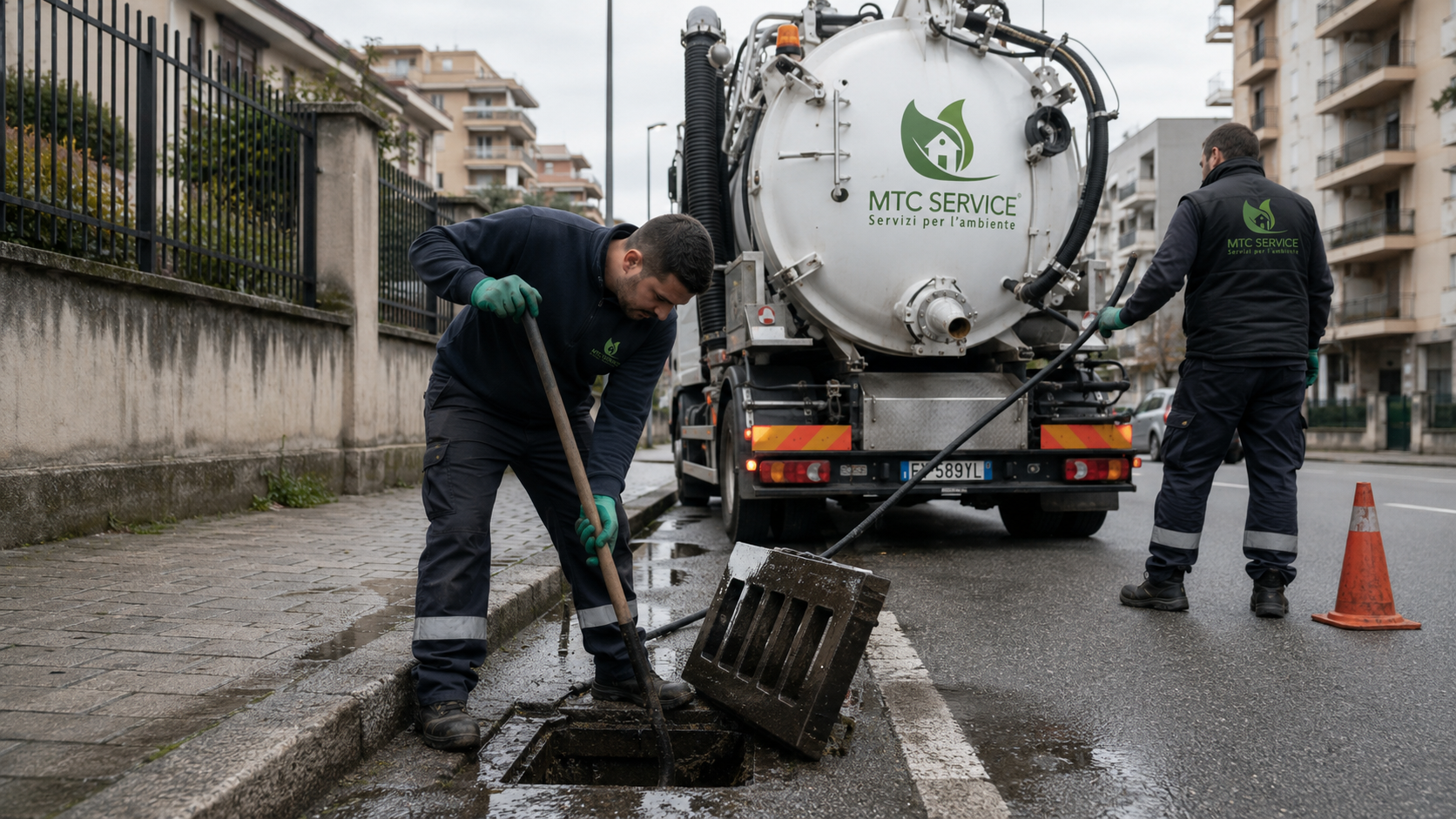 Attrezzatura MTC Service predisposta per la pulizia di un pozzetto esterno